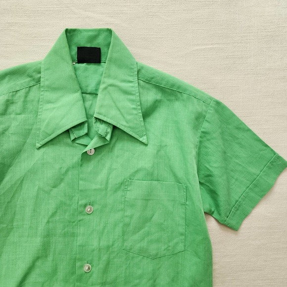 Vintage 70s Green Buttondown Shirt kids 10 - Picture 1 of 7